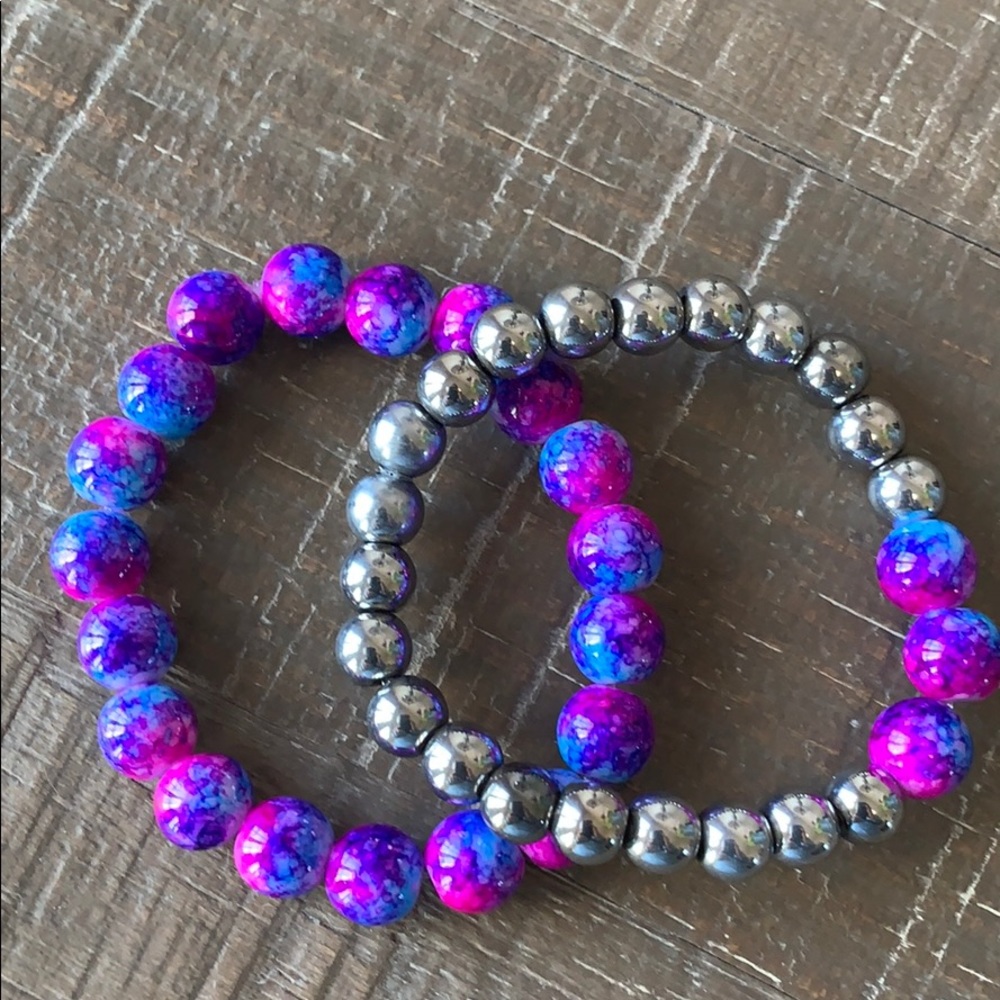 Set of Silver Blue Pink Marble Bead Bracelet